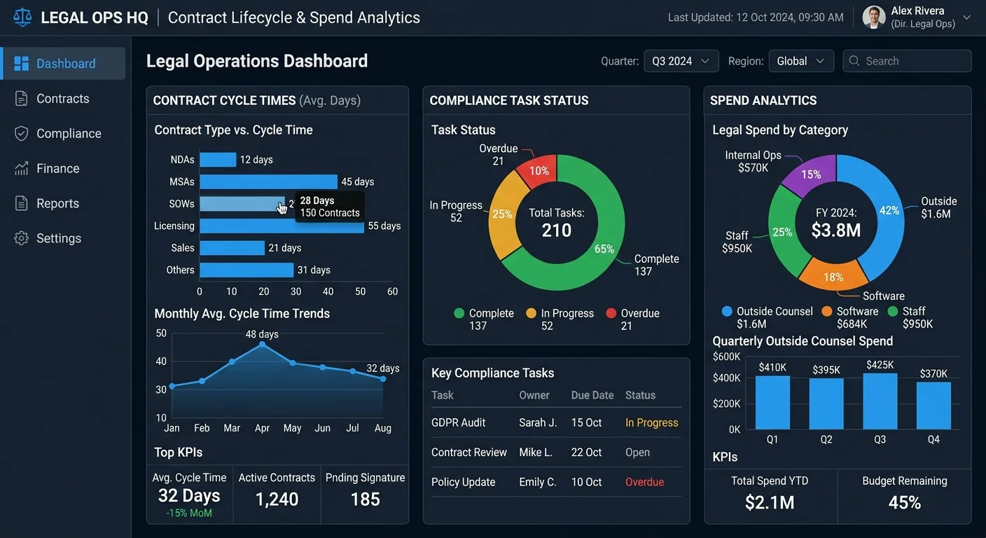 Legal ops software dashboard with contract and compliance metrics