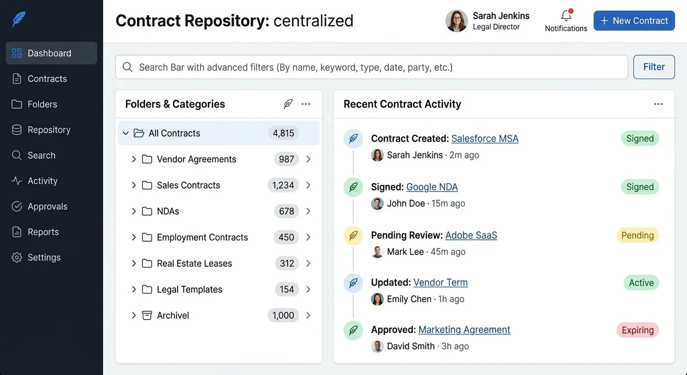 Contract management dashboard displaying organized legal document repository