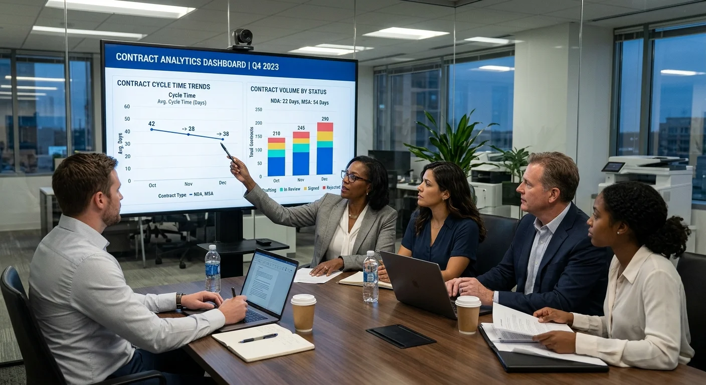 In-house legal team analyzing contract management performance metrics dashboard