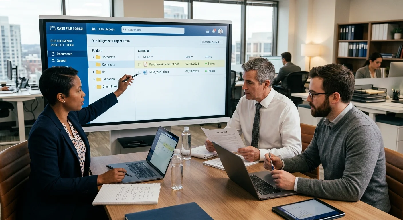 Legal team organizing documents digitally on shared screen