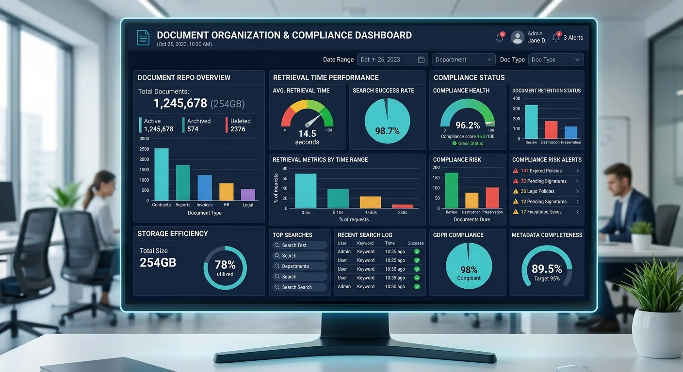 Legal document management dashboard showing organization metrics