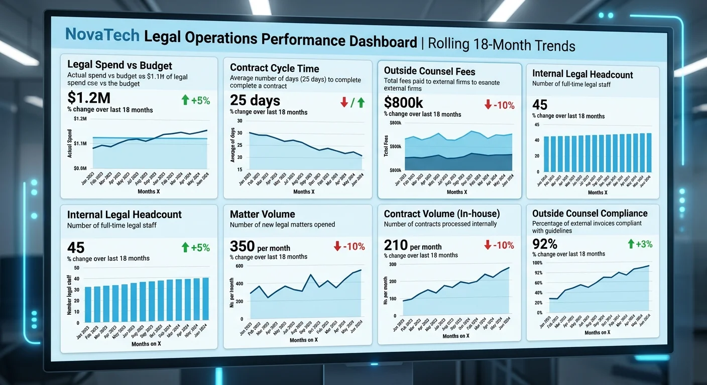 Legal operations metrics dashboard with performance trend lines